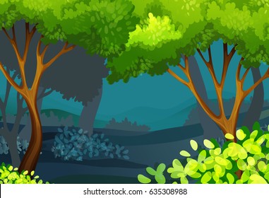 Forest scene with trees and bush illustration