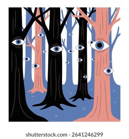 Forest scene with trees featuring large eyes.  Stylized illustration.
