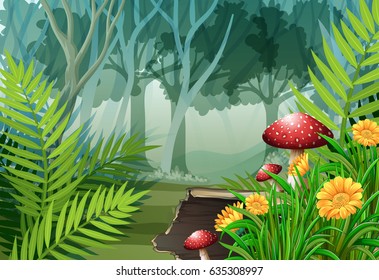 Waldszene mit Bäumen und Blumen