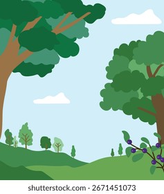 Forest Scene Trees, Hills, and Blue Sky in Flat Style