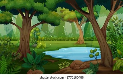Forest scene with trees and pond illustration