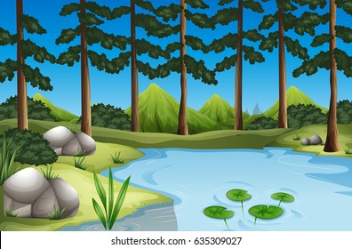 Forest scene with trees and river illustration