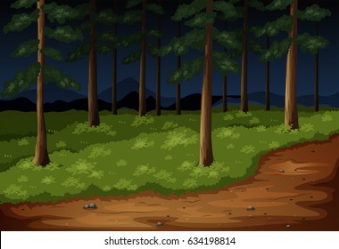 Waldszene mit Bäumen und Spuren in der Abendgrafik