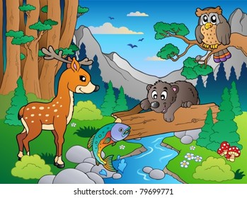 Forest scene with various animals 1 - vector illustration.