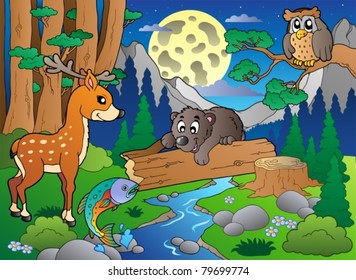 Escena forestal con varios animales 2 - ilustración vectorial.