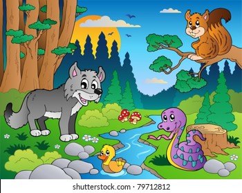 Forest scene with various animals 5 - vector illustration.