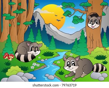 Escena forestal con varios animales 6 - ilustración vectorial.