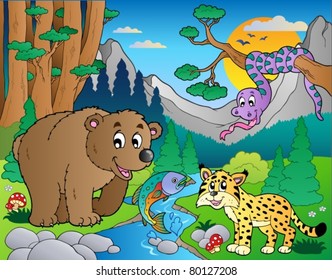 Forest scene with various animals 9 - vector illustration.