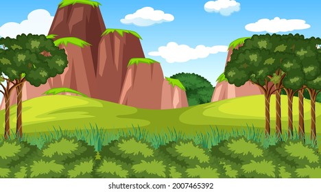 Forest scene with various forest trees and cliff illustration