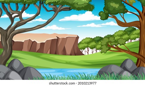 Forest scene with various forest trees and cliff illustration