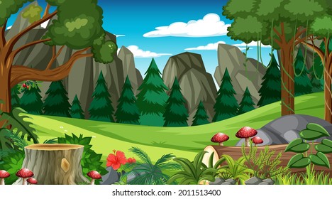 Forest scene with various forest trees and cliff background illustration