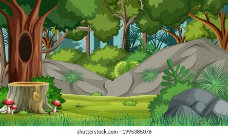 Forest scene with various forest trees illustration