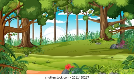 Forest scene with various forest trees illustration