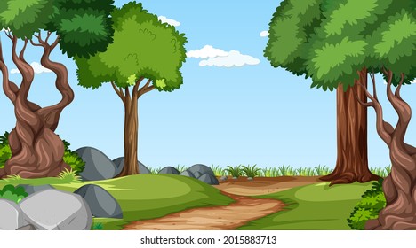 Forest scene with various forest trees illustration