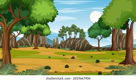 Forest scene with various forest trees illustration