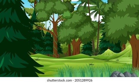 Forest scene with various forest trees illustration