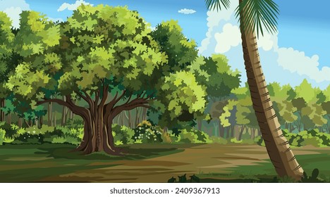 Forest scene with various forest trees  illustration