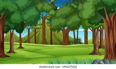 Forest scene with various forest trees and mountain illustration