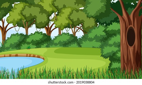 Forest scene with various forest trees and pond illustration