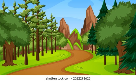 Escena forestal con varios árboles forestales y ilustración de sendero de pasarela