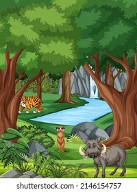 Forest scene with various wild animals illustration