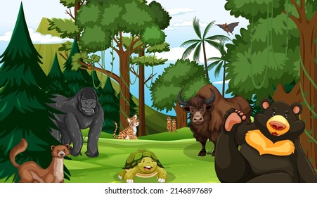 Forest scene with various wild animals illustration