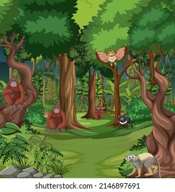 Forest scene with various wild animals illustration