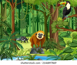 Forest scene with various wild animals illustration