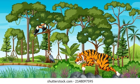 Forest scene with various wild animals illustration
