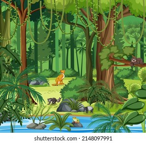 Forest scene with various wild animals illustration