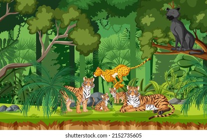 Forest scene with various wild animals illustration