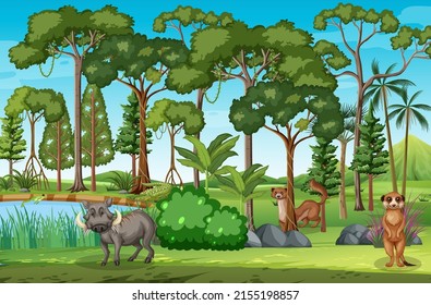 Forest scene with various wild animals illustration