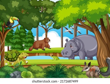 Forest scene with various wild animals illustration