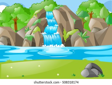 Forest scene with waterfall and field illustration