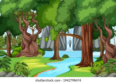 Forest scene with waterfall and many trees illustration