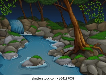 Forest scene with waterfall and trees at night illustration