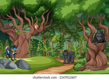 Forest scene with wild animals illustration