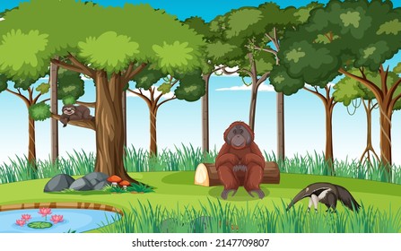 Forest scene with wild animals illustration