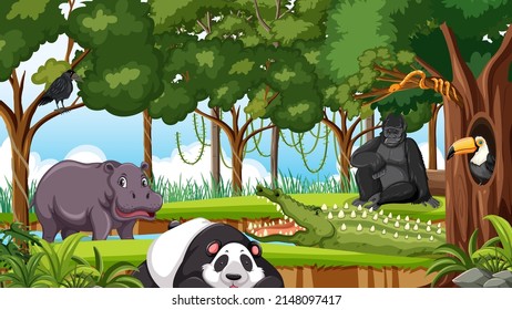 Forest scene with wild animals illustration