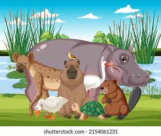 Forest scene with wild animals illustration