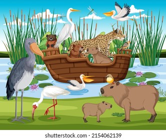 Forest scene with wild animals illustration