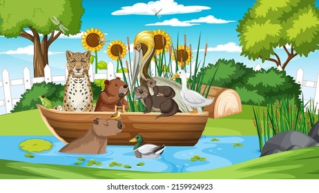 Forest scene with wild animals illustration