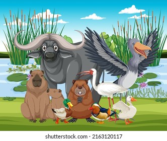 Forest scene with wild animals illustration