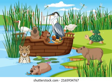 Forest scene with wild animals illustration