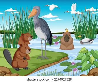 Forest scene with wild animals illustration