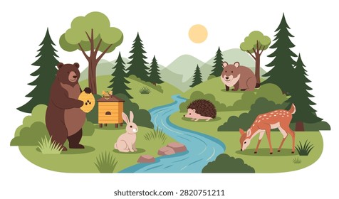 Forest scene with wild animals including a brown bear, rabbit, deer, hedgehog, and beaver near a flowing river.