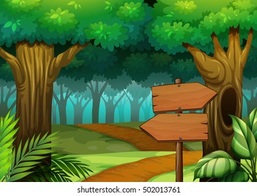 Forest scene with wooden signs illustration