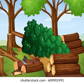 Forest scene with woods been chopped illustration