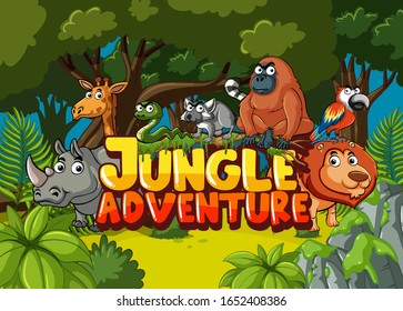 Forest scene with word jungle adventure and wild animals in background illustration