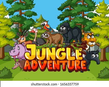 Forest scene with word jungle adventure and wild animals in background illustration